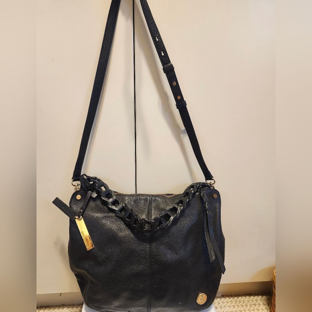 Vince Camuto Black Pebbled Leather Braided Strap Crossbody Shoulder Bag Ret.$228